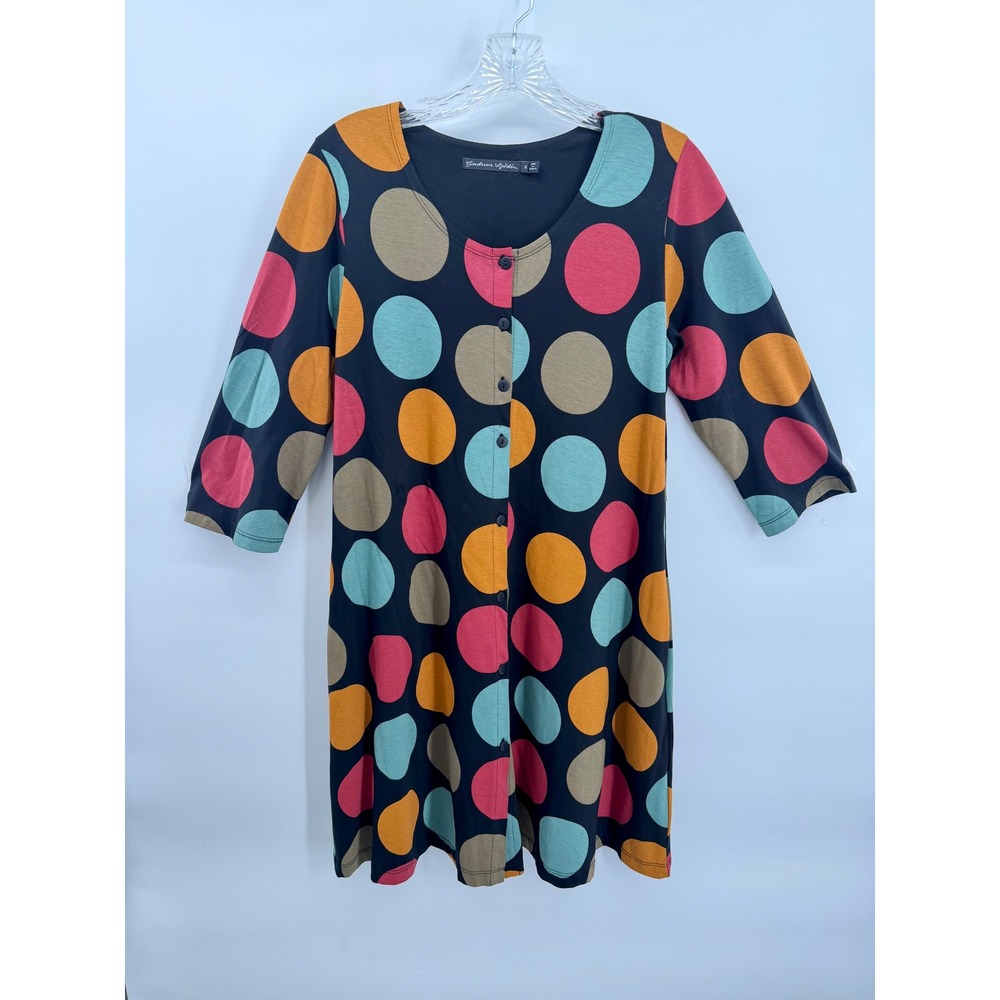 Gudrun Sjoden Tunic Dress Womens S Black Multi Polka Dot Button Front Lagenlook